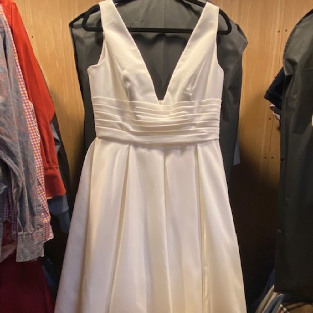 David's Bridal Satin V-Neck Tea Length A-Line Dress, Ivory Dress, Size 14